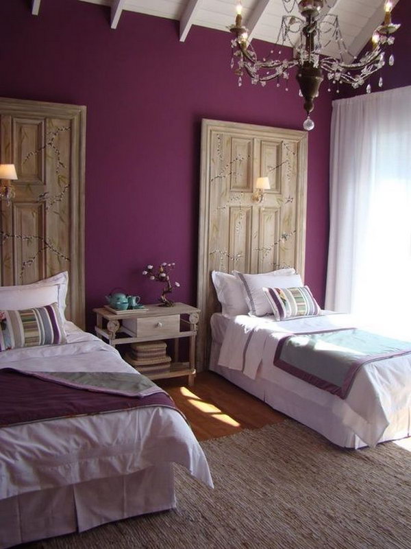 Purple accent wall. Give your bedroom royal treatment by painting a wall in a bold color like purple and keeping the rest of the decor bright and light.