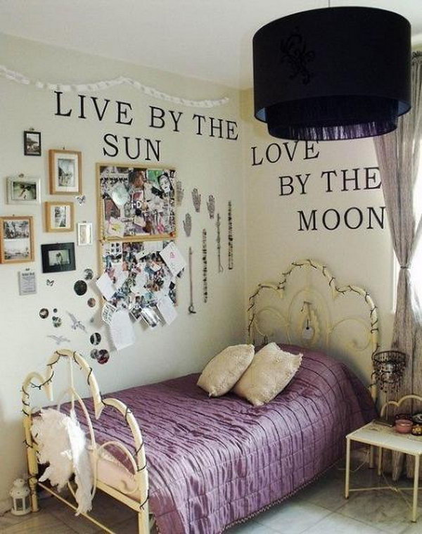     Vintage Room Decor: This is a good example of how plus a little pop in a small bedroom. I love the beautiful pendant lamp and the purple bedspread. 