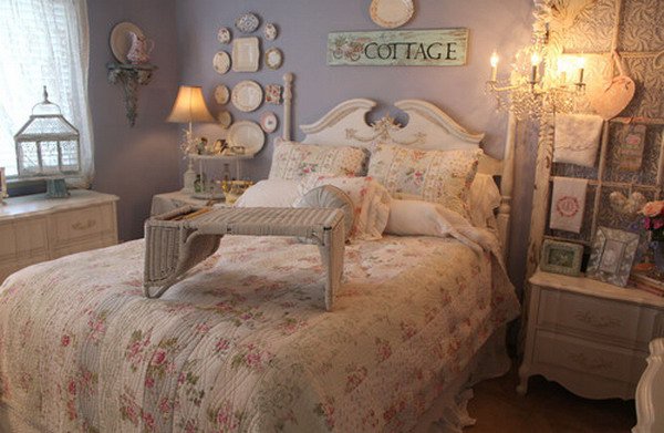 Cottage Shabby Chic: A bedroom as charming as an English cottage garden is a study of lilac, lavender and vanilla, with antiques, chints and cutouts that can be stacked on the pretty. Paint the walls with the softest hint of lavender. Make the bed in the floral sheets and pillowcases.