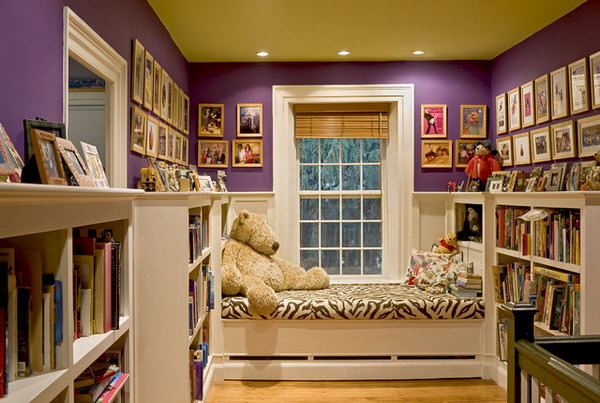 Window seat: A rich, saturated purple creates a striking contrast to light white in this beautiful room. 