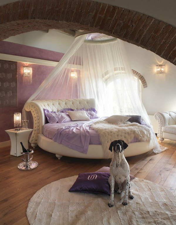 Modern purple bedroom: I love this room so much, the color, the brick arch, the unique bed shape, the bedside table, the lighting and everything.
