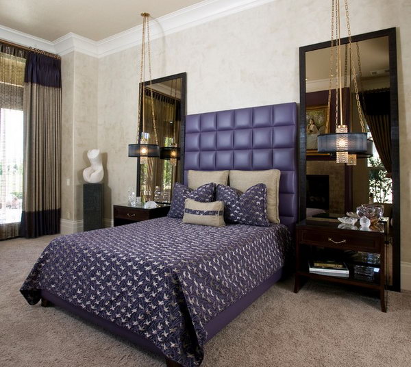 Purple leather headboard: The purple tufted headboard and oversized mirrors provide a retreat in the master bedroom. I love her drama, the eye-catching accent tiles give this bathroom a touch of excitement. 