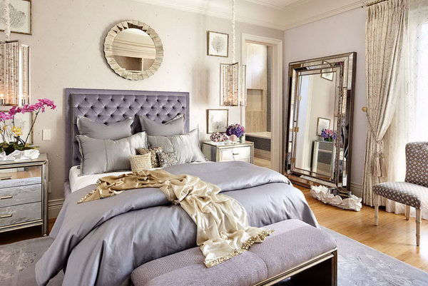 Add dimensions and perspectives to your bedroom: what an elegant and glamorous bedroom. With mirrored bedside tables and a large mirror on the wall, this bedroom is visually enlarged. I also like how it shines from nearby lights.