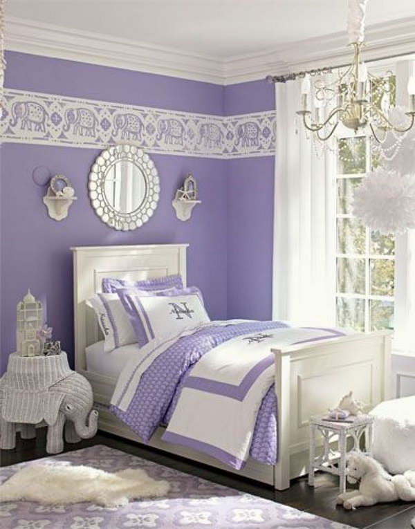 Dreamy bedroom for girls: paired with light white, the color lavender in this bedroom looks even more elegant. The elephants contribute to an exotic feeling. A mirror above the headboard that reflects the light creates an illusion of additional spaciousness.