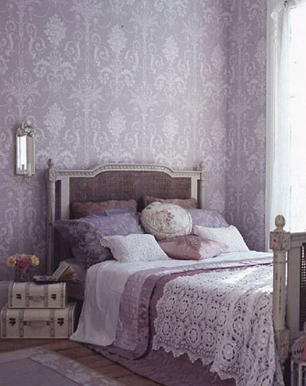     Purple wallpaper: I love the Laura Ashley Josette wallpaper, the color scheme, the vintage luggage, the French bed and the bed linen. All of these details showed an elegant and romantic bedroom.