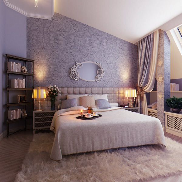 Elegant, feminine, soft bedroom: wall color and fairytale mirror, the lavender headboard, the carpet made of artificial animal skins and the bed linen are beautiful and so inviting 