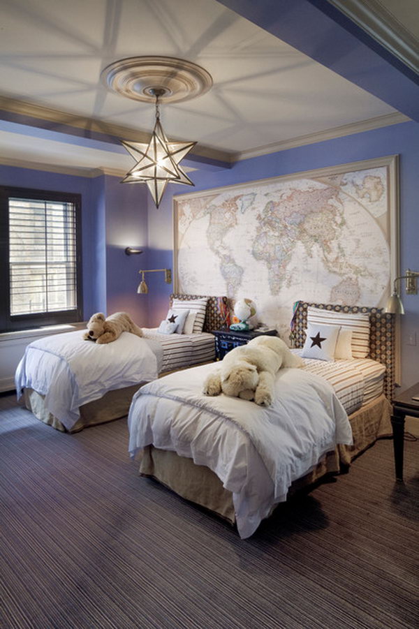 Accdent Wall: This bedroom is warmed up by the fixture&#39;s soft glow such as the carpet, the trim, the window in neutral colors. The map as an accent matches the periwinkle purple wall very well. The vintage star lantern is a great addition to this warm bedroom. 