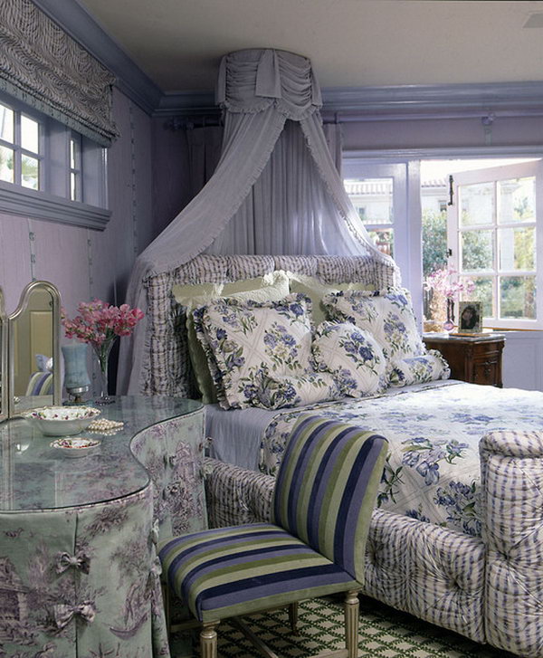     Fairy Tale Like Bedroom: It&#39;s a gorgeous space that could read both romantic and elegant. Let&#39;s check out the details: the colors and the curtain hanging above the bed, the table,  the angle of the bed, the fairy tale like furnishing, the bedding. And they work together to feature a space that is beautiful, and so inviting.