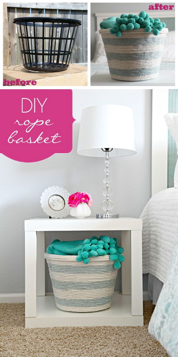 DIY rope basket. Bored with the simple basket from the dollar store? Wrap it with an additional rope in different colors to create this custom rope basket. It is absolutely a budget friendly option for guest rooms.
