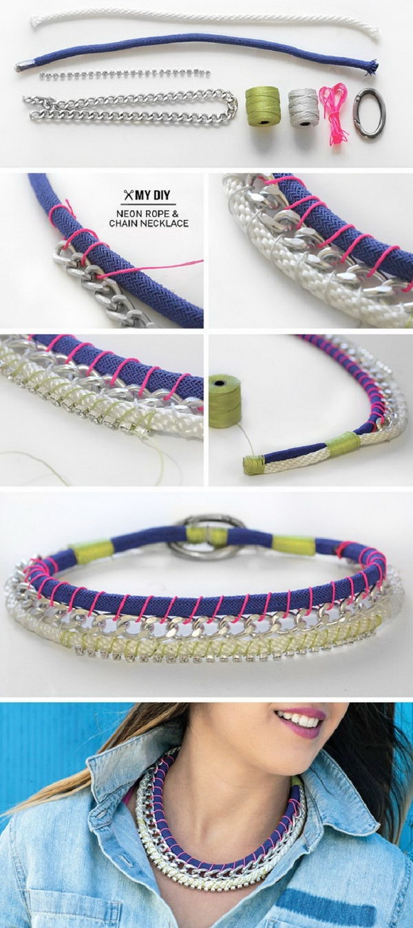 DIY neon rope & chain necklace. This is a good idea to personalize your own style by wearing this unique neon and chain necklace with rhinestones. It is really a perfect pair for the denim shirt. See the tutorial 