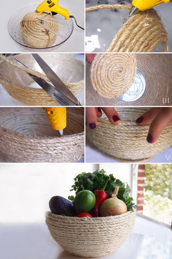 DIY rustic rope bowl. This rustic rope bowl is fairly easy to make. It is a perfect summer centerpiece. 