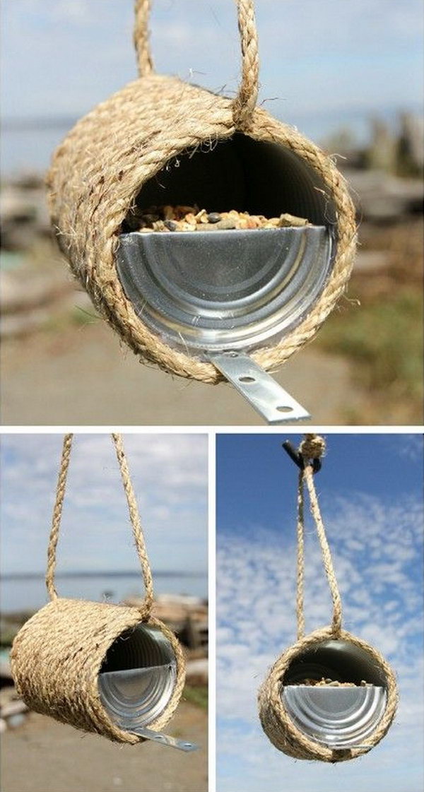 Sisal Rope Birdfeeder. This beautiful bird feeder consists of an old tin can and a sisal rope. Wrap the rope around a clean can and bend the lid in half so the birds can get the feed. Then set up something for a ledge that the birds can stand on when eating. This project is easy and quick to implement. It only takes about 20 minutes. Get the tutorial 