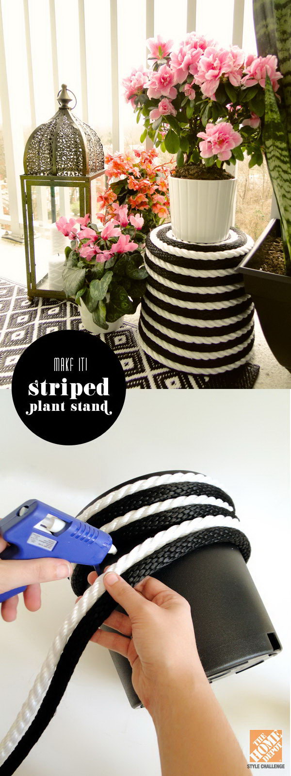 Black and white plant stand in rope packaging. Start at the lip of the pot with hot glue on the way and finish with a nice little spiral in the middle of the bottom. This project is super easy to implement and results in a perfect decoration of your terrace. 