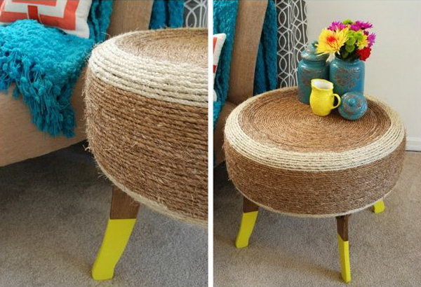 DIY tire table with rope. With little imagination, an ugly tire could only become such a beautiful table with a rope wrapped around it. See how you make this statement home decor piece 