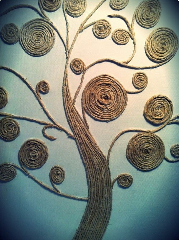 Rope tree as wall art. This is another creative idea to use the leftover rope to thread the shape of the tree. It can be a wonderful wall art for your home decor.