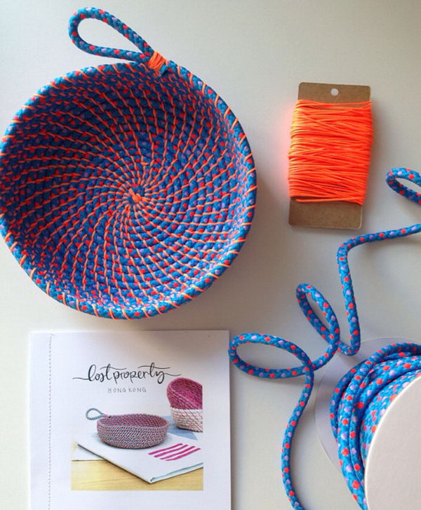 DIY coil rope bowl. Use your storage rope to make this practical coin bowl. It is perfect for the small items in your bedroom.