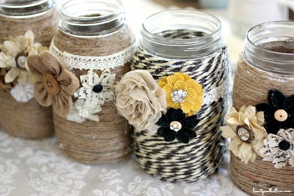 DIY table decoration with rope and mason jars.