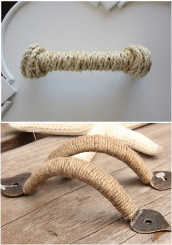 DIY rope wrapped around drawer handles.
