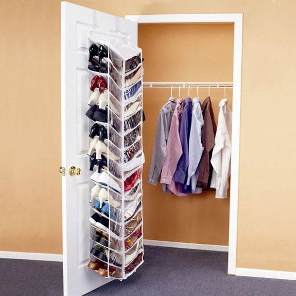 Shoes hang on closet door. It would be such a mess to throw a bunch of shoes into your dormitory. With this hanging closet door you can organize your shoes and hide the messy outlook. You can also save space.