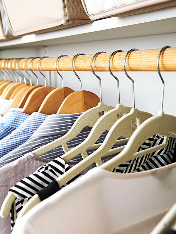 Choose the right hangers. Buy the same type of clothes on the hanger to avoid cluttering your bedroom closet to save as much space as possible for your bedroom.