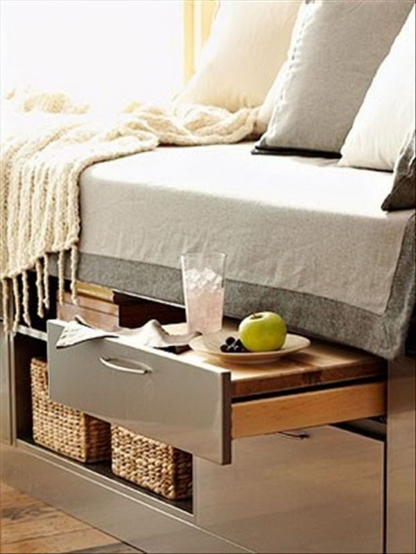 Storage under the bed. Try to use the storage space under your bed. It's super chic to keep out of season and extra items that you don't currently need. You can use underbed containers to organize your items and save space in your bedroom.