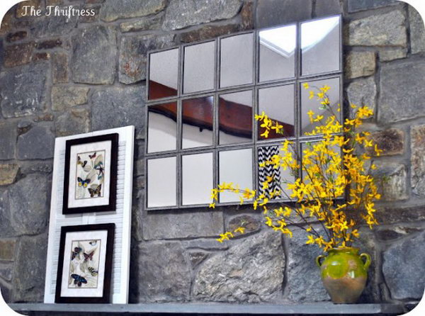 Mirror as a window. Arrange 15 small weathered framed mirrors to create this large tiled coat version on the wall. Mirrors can create an illusion of the window. It is a good choice for your garden. 