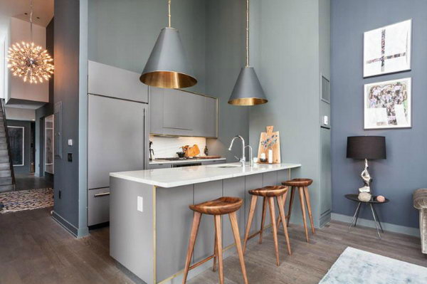     Industrial kitchen with trendy glamor. This stylish smoky gray kitchen has a trendy and attractive view. I love every detail of this kitchen, the pendants, the wall paint, the wall art, the custom made stools and everything.