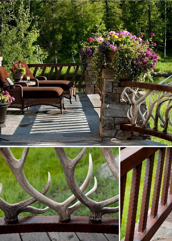 Antler deck railings. With the elk antler fence railing, the inclined metal cover railing on the other side and the columns made of rough stones, the designer cover railing makes this terrace a wonderful place. And it would be a sweet time to stay outside to enjoy the beauty of the dreamy house. 