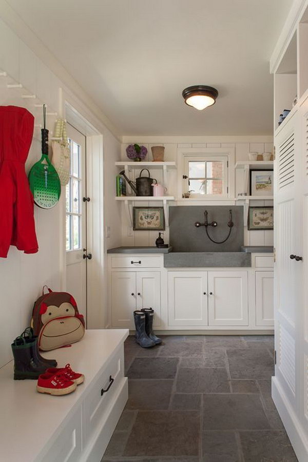    Keep the mud away from the room - you can wash off before you get inside! Pretty floor surpasses the marble slabs. And there are so many closets where you can put your shoes and other things. I am in love with the sweet shelves and hooks. 