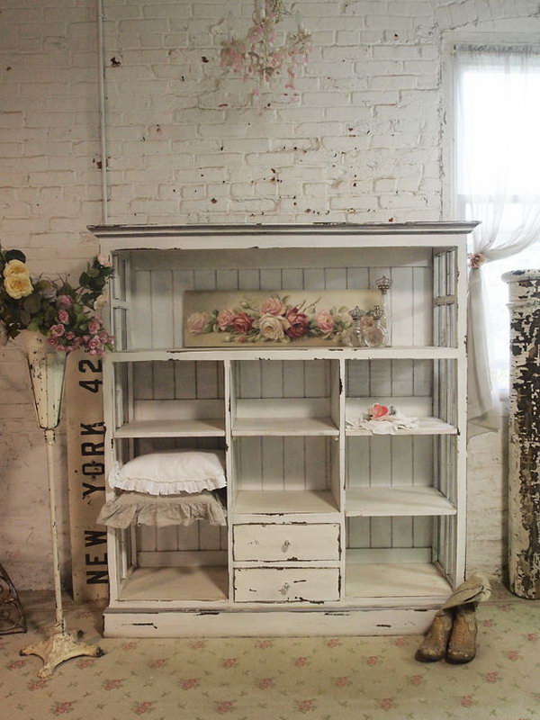     Shabby handmade closet - lacquer on a bookcase made of salvaged wood and windows. The cabinet is beautiful and fits into a French dirty room. It's exactly what you want to add to the mudroom with shabby-chic sophistication! 