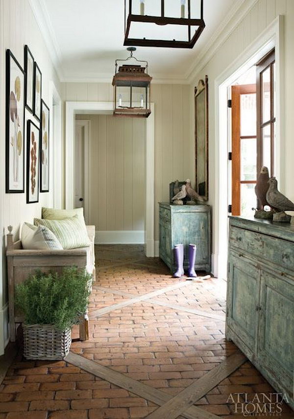     Fresh and rustic mud room. This mud room has so many great ideas. Like the pieces of furniture, the brick floors, the lighting and the wall color. The idea of ​​the brick floors in the house gives it a real rustic feel. 