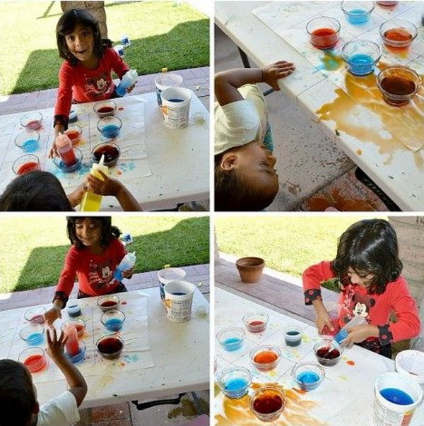     Color mixing game. This simple game idea is very interesting for children and gives them a scientific variant of color mixing. What you need for this game are 9 clear cups, 3 squeeze bottles, 3 empty containers and water in primary colors. Then the little ones can play many, many rounds. 