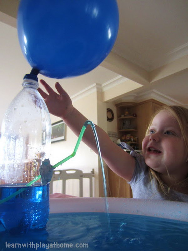     Water bottle fountain. What do children learn better when they play? Children enjoy great fun when the air from the balloon pushes the water out through the straw! And this is also a science lesson. Materials you need for this game: empty water bottle, balloon, straw, blu-tac (or similar), tray for collecting water (optional). 
