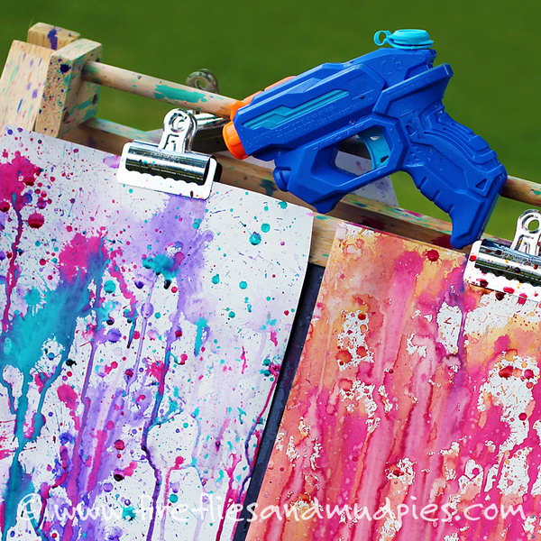     Spray gun painting. This fun art project is a great summer activity. Hang a couple of white sheets on a line. Fill water guns with different water colors and let the kids do their masterpiece. 