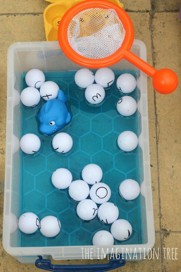     Alphabet fishing with table tennis balls! This game is simple but creative and can make alphabet learning very interesting for little babies. Great idea! 