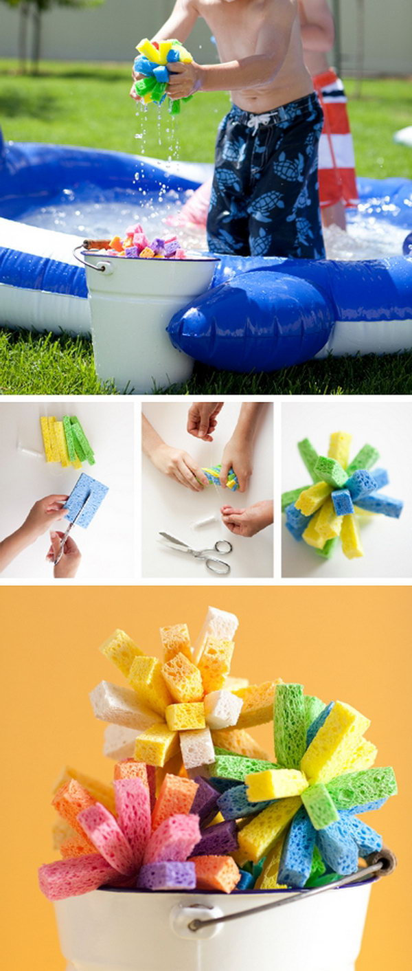     Sponge water bombs. Nothing beats the heat like the water battle, and these sponge bombs are sure to make everyone wet and good! The sponges are easy to make. What you need are sponges, scissors and fishing line. 