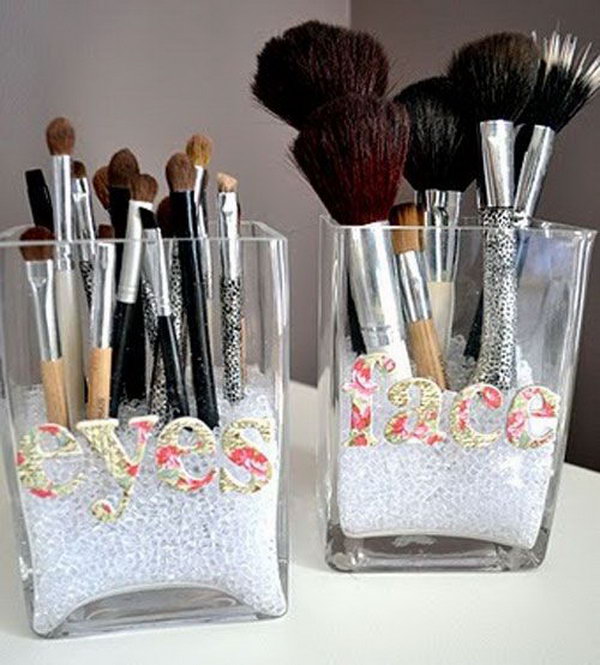 This is a simple idea to use the old glass containers to make a brush organizer. Label the category names of your brushes for next use. 