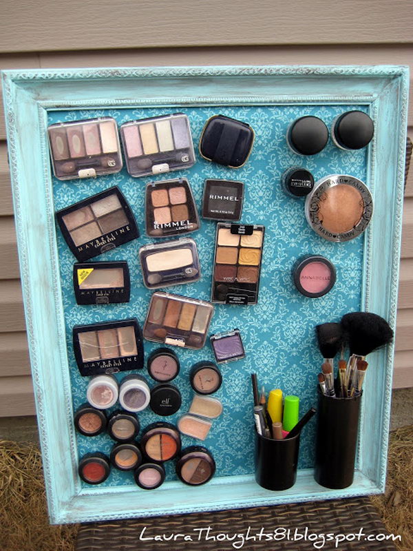 DIY makeup magnet board. This magnetic makeup board gives your bedroom more elegance as it hangs near your dresser. You stick magnets on the back of all your cosmetics and voila. With a beautiful metal plate, your make-up is well organized on the magic board.