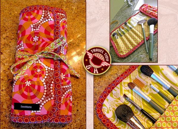 Fashionable roll-up makeup brush case. With mediocre sewing skills and some productive time, you can make this perfect roll-up makeup organizer in no time. It is super comfortable to wear when traveling. 