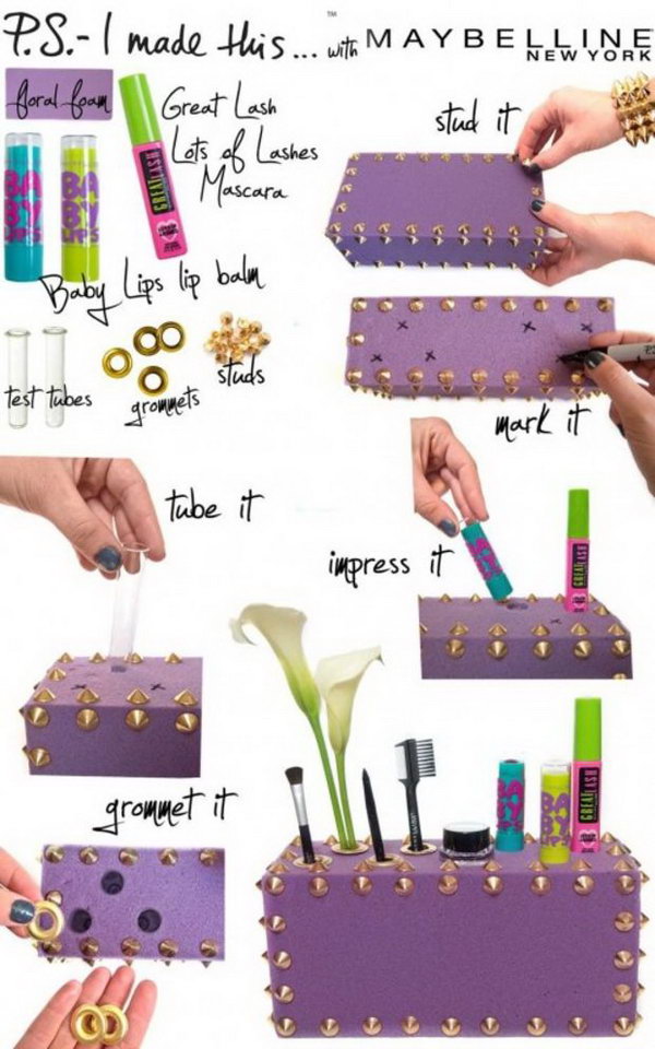DIY makeup organizer from a foam box. All you need is a colored foam box and some decorative items. Drill a few holes to hold your comb, makeup brush, lipstick, or something else. 