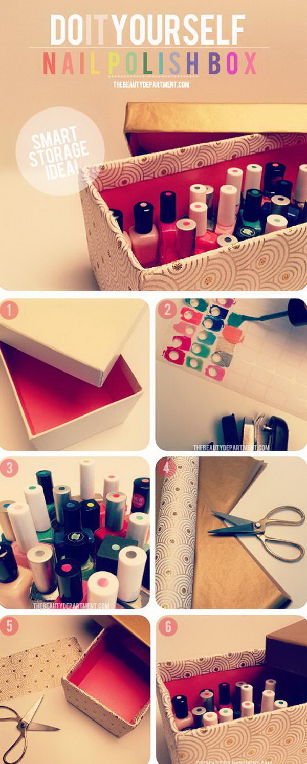 Intelligent organizer for your nail polishes. Get a shoebox that you can decorate as you like. Label the colors on the cover of the nail polishes. It's a super clever way to organize your myriad makeup items and find the colors when you open the box.