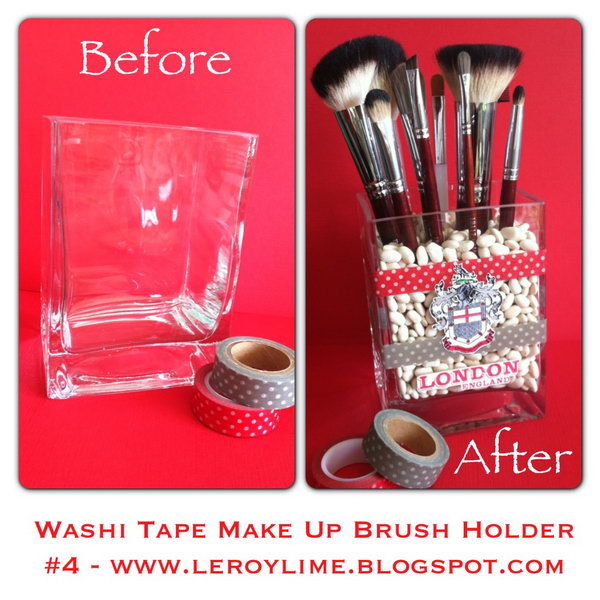 Washi tape make up brush holder. This Washi Tape Makeup Brush Organizer is super easy to make and incredibly cute. Do you want one? Instructions here. 