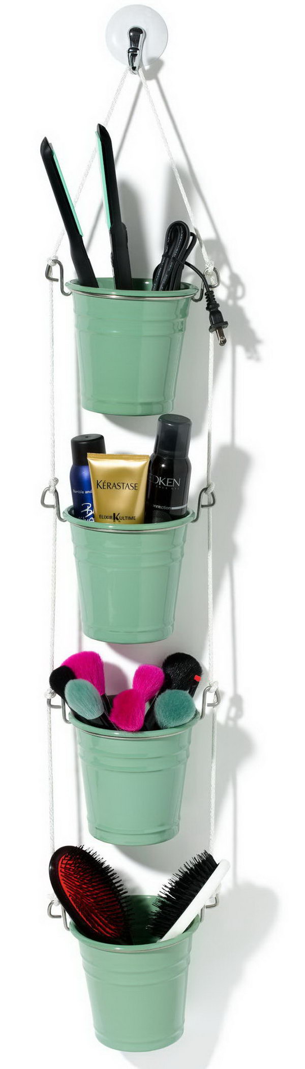 Nice hanging organizer for makeup. This cute little hanging basket makeup organizer is really a great gift for Mother's Day. Start making one for your beloved mother. Step-by-step instructions here.
