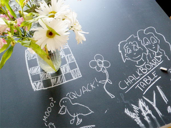 Blackboard table. Glue wooden sticks in parallel and place a board over them, paint the surface with blackboard paint. It's great to spice up an ordinary table in the girls' dormitory.