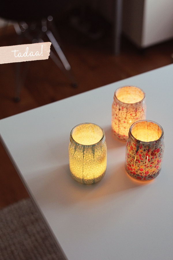 Sweet DIY votive. Glue patterned strips into the mason jar to cover it completely. Place only battery-powered tea lights instead of candles to create a dreamy and romantic view of your dormitory.