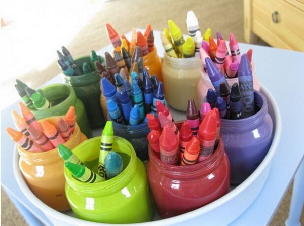Crayon Organizer. To avoid the colored pencil mess, you can spray different baby food jars with paint to get a nice view. Display colored pencils in the same colored glass to organize things inexpensively.