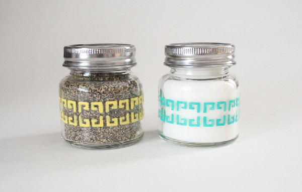Salt pepper shaker. Use nifty little glasses and get a pretty package of colors and stencils from folk art enamels for the colors and beautiful decor of this spring motif.