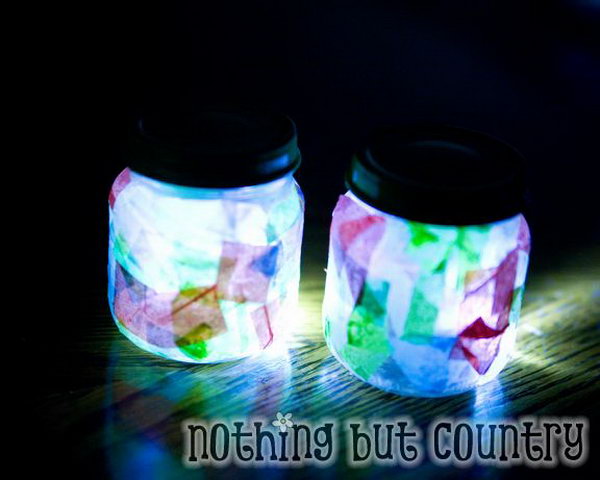 Night light glass craft. Cover the jar with colored layers of tissue paper and apply a good layer of adhesive to seal it. Place an LED light to complete this adorable piece of art for both lighting and attachment.