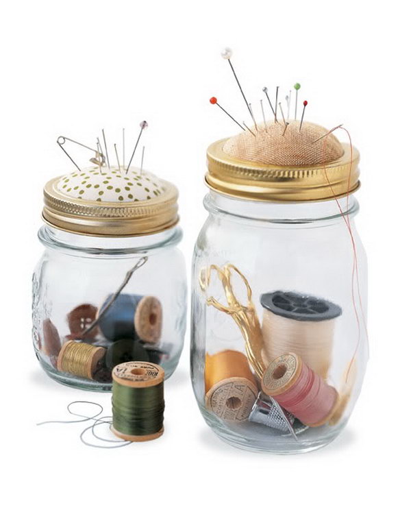 Sewing kit in a jar. Turn your shabby mason jar into a brand new sewing kit with a built-in pincushion at the top. Make a pillow by placing a cotton ball between the fabric and cardboard and applying hot glue around the edge. It's great to keep your sewing kit neat and tidy in this fun glass.