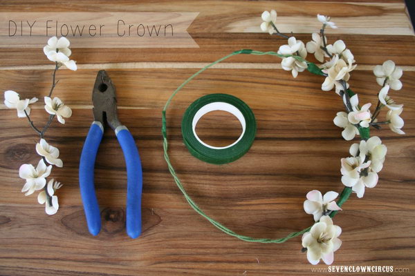 DIY flower crown. Get two pieces of trunk wire and twist two ends to make a long one. Cut flower sections with wire cutters. Attach the flowers to the crown with a flower ribbon. You get this beautiful spring flower crown for a beautiful decor to be a princess.